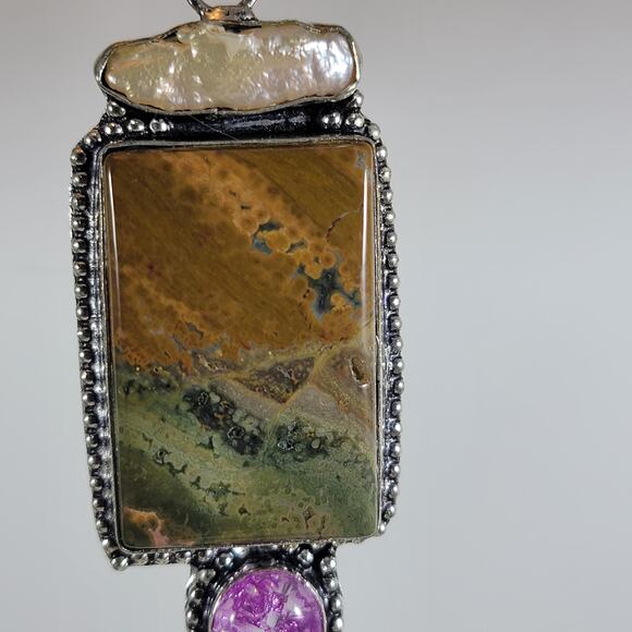 Statement Pendant Necklace – Jasper, Pearl & Purple Druzy + 20" Silver Chain - Picture 4 of 10